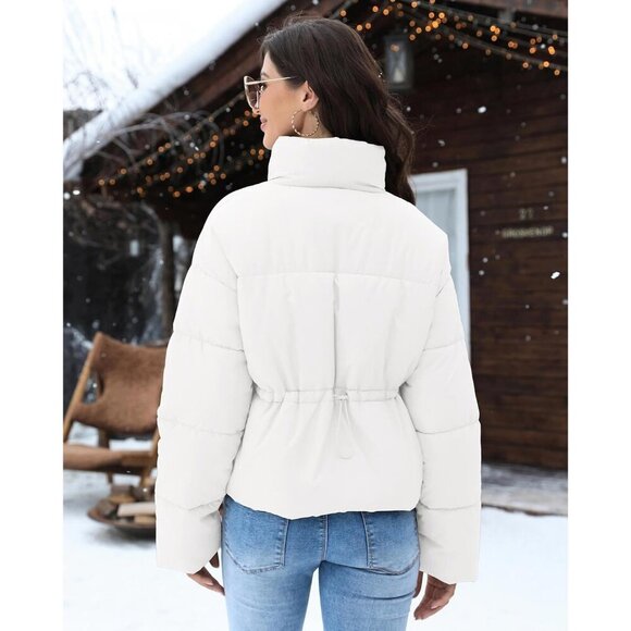 Women’s Jacket Puffer Quilted Jackets Long Sleeve Stand Collar Zipper Warm White - Picture 3 of 6